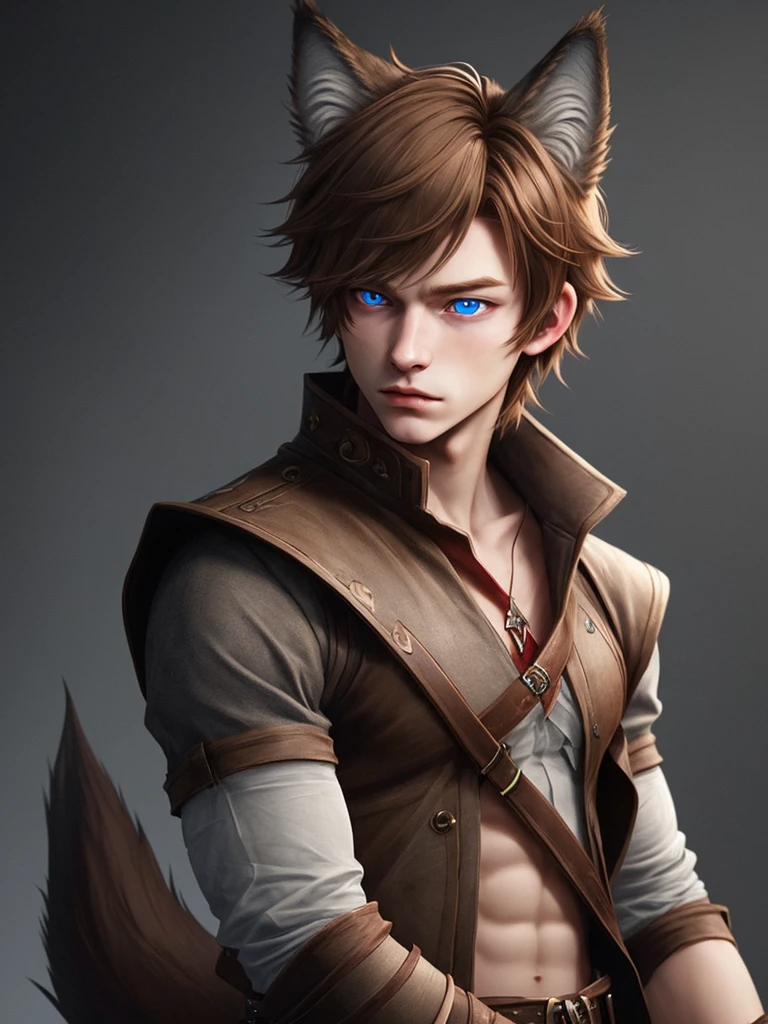 Creates a young adult with short light brown hair tipped with red blue eyes with a defined and quite handsome physical body alone and with wolf ears and tail.