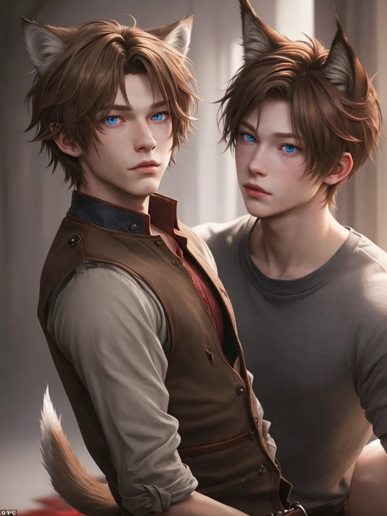 Creates a young adult with short light brown hair tipped with red blue eyes and quite handsome alone and with wolf ears and tail