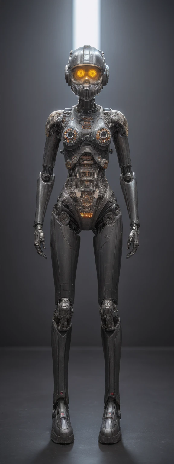 realistic,score_9, score_8_up, score_7_up,
1girl,solo,full body, robotic figure, prominent helmet, weathered, rusted, large circular eyes, glowing, enigmatic, haunting, patchwork body, mechanical parts, gears, tubes, aged metals, corroded materials,