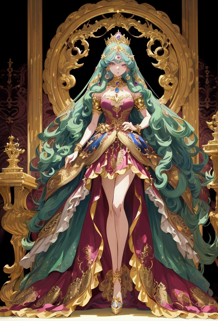 anime artstyle,Masterpiece,Best Quality,Super Detail,((Very Delicate and Beautiful)),(((1 plump princess in beautiful embroidery and jeweled gorgeous rococo ballgown with voluminous hoop skirt))),A skirt with a long hem that drags on the floor((Solo)),Standing,elegant pose,((full body)),(((very gigantic breasts,very gigantic breasts,sagging breasts,skindentation))),cleavage,detailed face and eyes,jewel-like eyes,((extremely voluminous straight Hair,Extremely Long Straight Hair)),((gorgeousfull embroidery and lace,beautiful embroidery and jeweled)),Gorgeous Gemstone Jewelry,gorgeous corsage,gorgeous hair ornament,((glitter jeweled gorgeous tiara)),((full body)),((beautiful embroidery and jeweled gorgeous rococo ballgown with voluminous hoop skirt)),A skirt with a long hem that drags on the floor,(crinoline),((Standing in palace of versailles)),Looking at viewer,(((beautiful embroidery and jeweled gorgeous rococo ballgown with voluminous hoop skirt))),A skirt with a long hem that drags on the floor,full body,