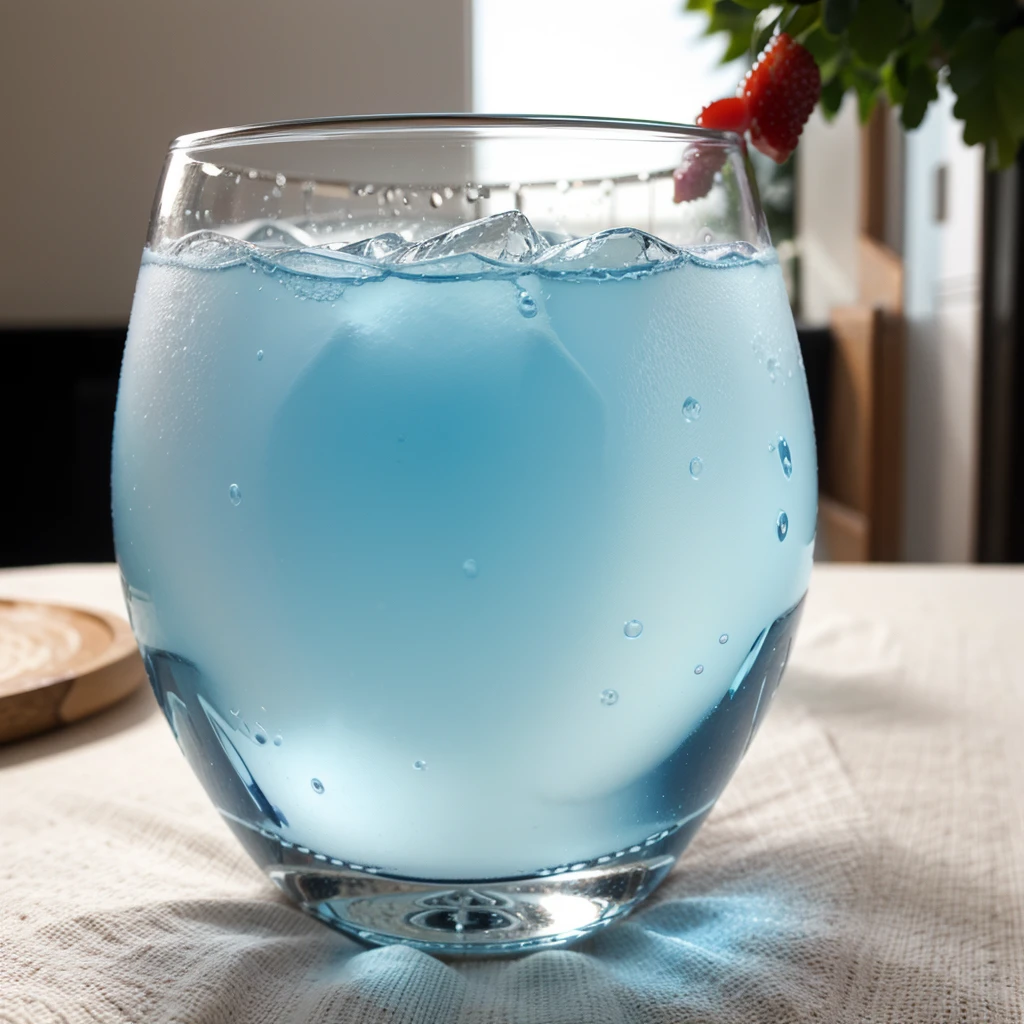 high quality photo of a nice blue mocktail on a wine glass, on a nice white table.