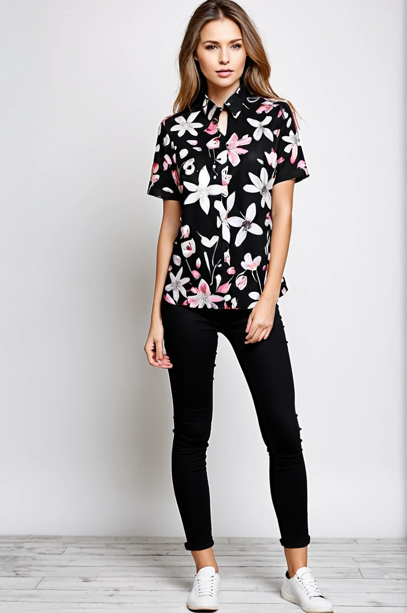Photo Print Color: Black Stylish floral patternTshirt The floral pattern is detailed The petals are falling in a cool way.