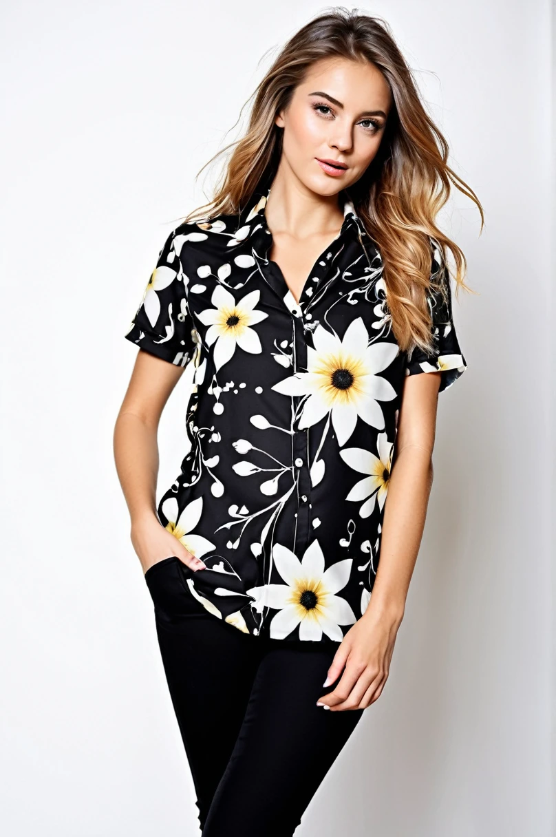 Photo Print Color: Black Stylish floral patternTshirt The floral pattern is detailed The petals are falling in a cool way.