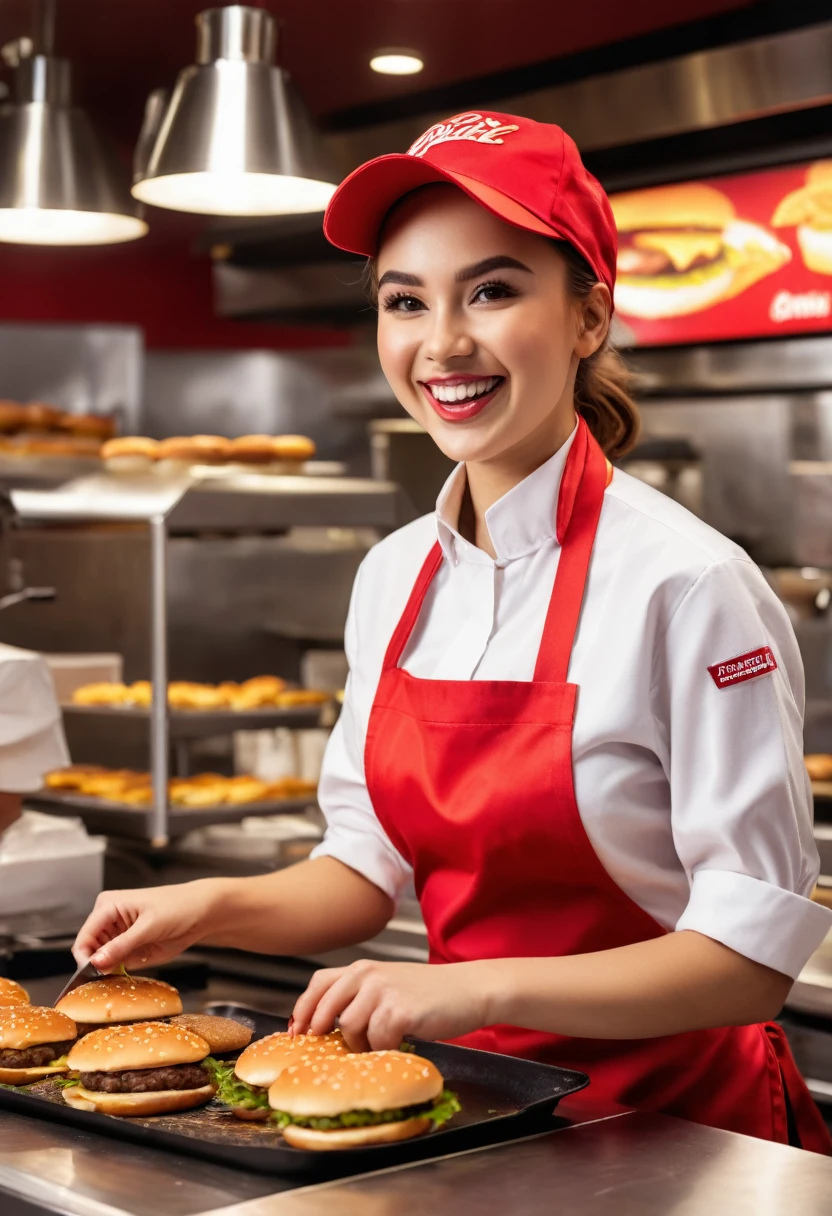 a fast food worker, fast food restaurant, fast food kitchen, uniform, hat, apron, frying food, cooking burgers, working the register, customer service, taking orders, smiling cheerfully, dynamic pose, warm lighting, photorealistic, 8k, hyper detailed, cinematic lighting, vibrant colors, clean composition