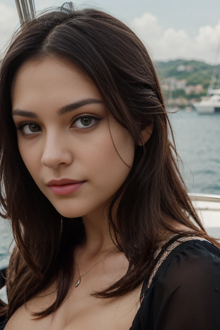 a young woman, in a black dress, on a yacht, beautiful detailed eyes, beautiful detailed lips,
