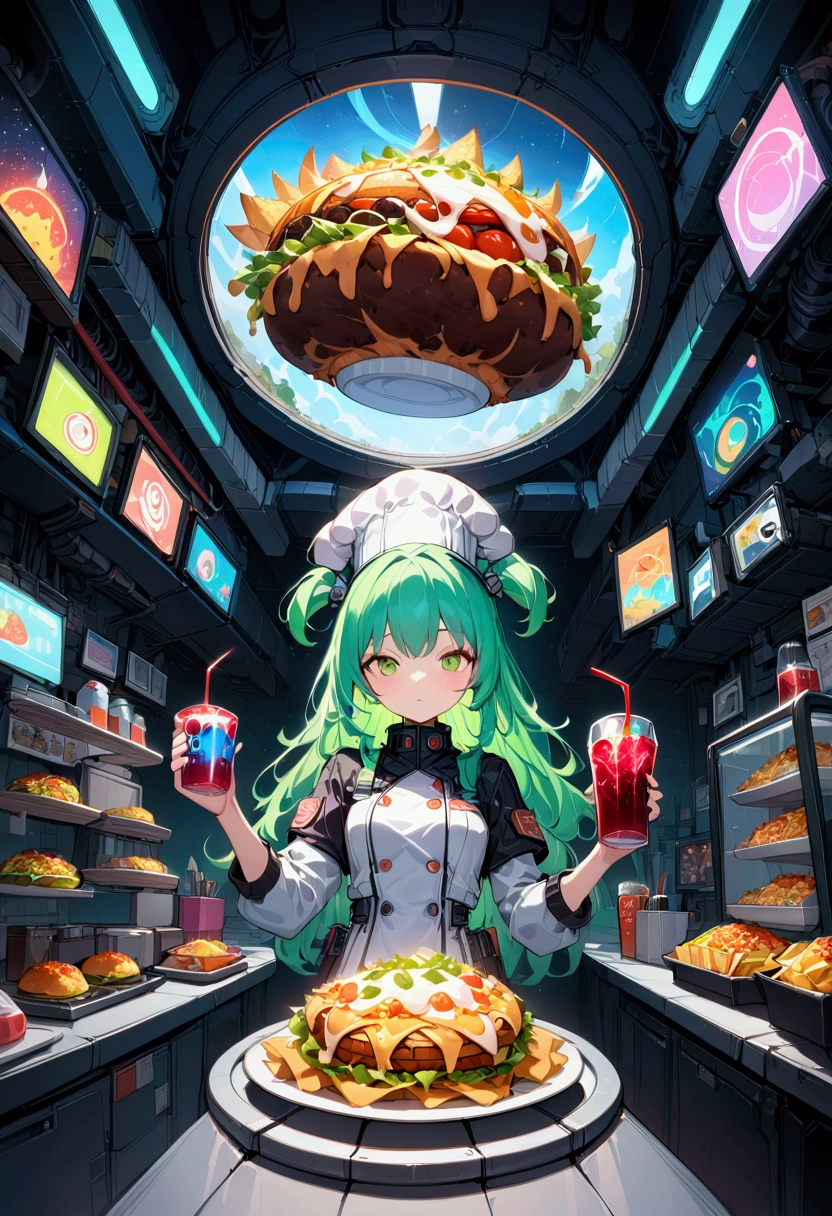 1girl, Fast Food Worker, award-winning illustration, concept art, digital painting, spaceship food truck flying through asteroid field, serving space miners, neon lights, holographic menu, robot chef, (food: space burgers, alien nachos, cosmic cola), sci-fi atmosphere, highly detailed spaceship design/aesthetic, 4k resolution, hyper-detailed, detailed matte painting, deep color, fantastical, intricate detail, splash screen, complementary colors, fantasy concept art, 8k resolution trending on Artstation Unreal Engine 5, masterpiece, best quality, very aesthetic, absurdres