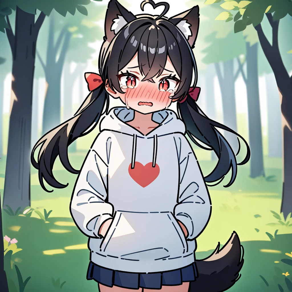 (masterpiece:1.2,high quality),8K,High resolution,A seven-year-old girl,cute girl,black hair,long hair,twintails,hair bow,crossed bangs,red eyes,slit pupils,heart ahoge,cat ears,full-face blush,embarrassed,crying,tears,Wearing a white hoodie,Dark blue pleated skirt,Stand in the forest,There are flowering trees on both sides.,primary school student,thigh,alone,dog tail,(Put your hands in your pockets),((Put your hands in your pockets))