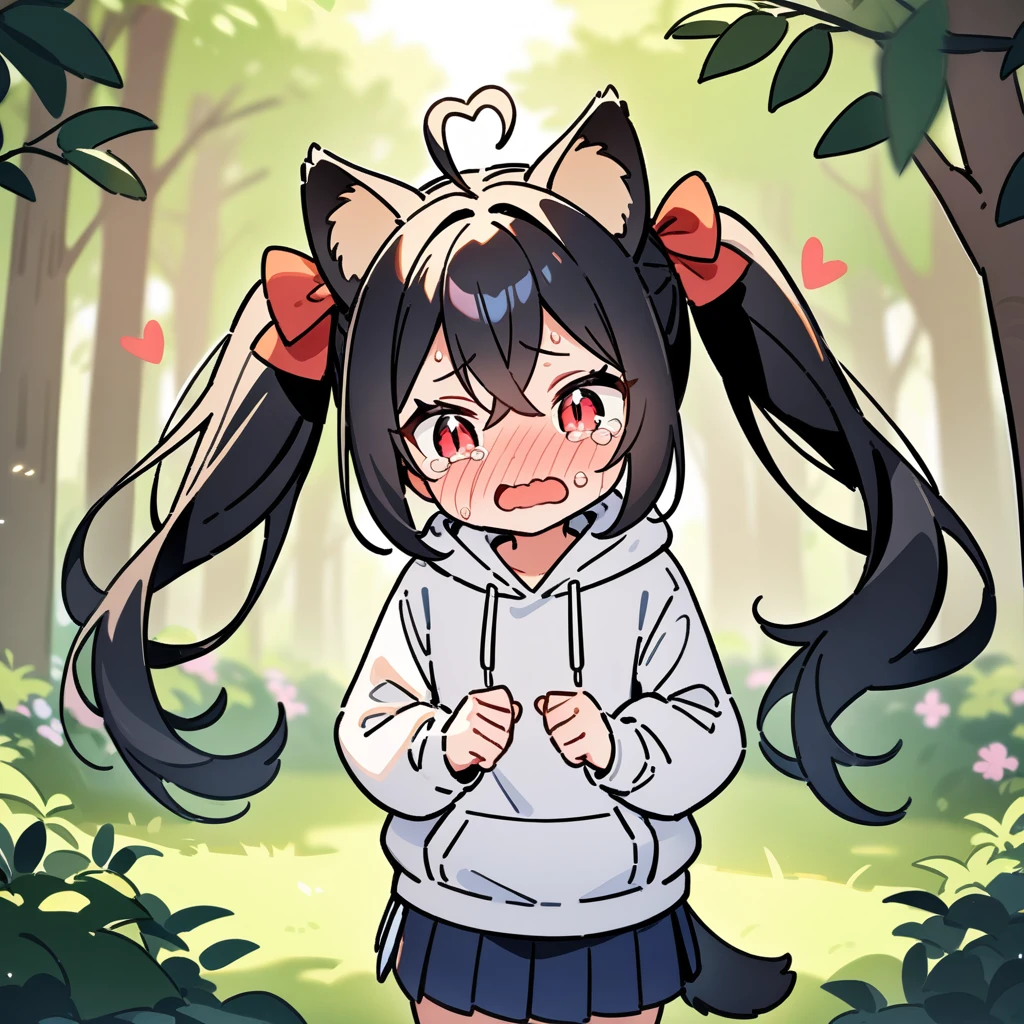 (masterpiece:1.2,high quality),8K,High resolution,A seven-year-old girl,cute girl,black hair,long hair,twintails,hair bow,crossed bangs,red eyes,slit pupils,heart ahoge,cat ears,full-face blush,embarrassed,crying,tears,Wearing a white hoodie,Dark blue pleated skirt,Stand in the forest,There are flowering trees on both sides.,primary school student,thigh,alone,dog tail,(Put your hands in your pockets),((Put your hands in your pockets))