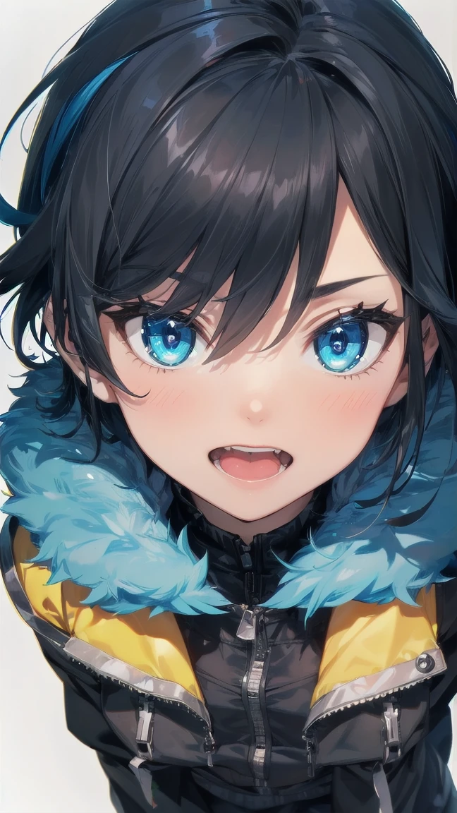 Close-up of a cartoon girl with blue hair and a yellow shirt, 2D Animation, 2D Animation style, 2D Art, 2D Art, 2D from Gorillaz, 2D from Gorillaz, 2D Gorillaz, Screaming Cerket, 2D Sprites, Jinx Face, short hair, Small breasts, hot pants, ((Black Hair, Bright blue fur inside:1.4))