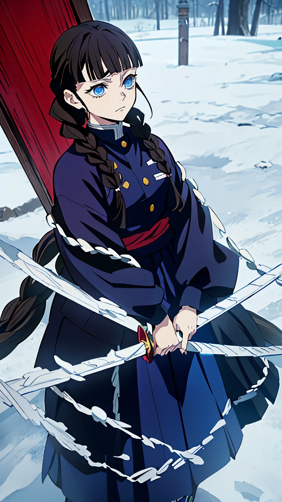 Kimetsu no Yaiba style, 1 mature, girl, blue eyes, a hashira, pretty, long dark brown hair in braids, curtain bangs, annoyed expression, noble, Pillar Demon Slayer, holding a sword, wearing demon slayer uniform, holding a blue demon slayer sword, dark and snowy background