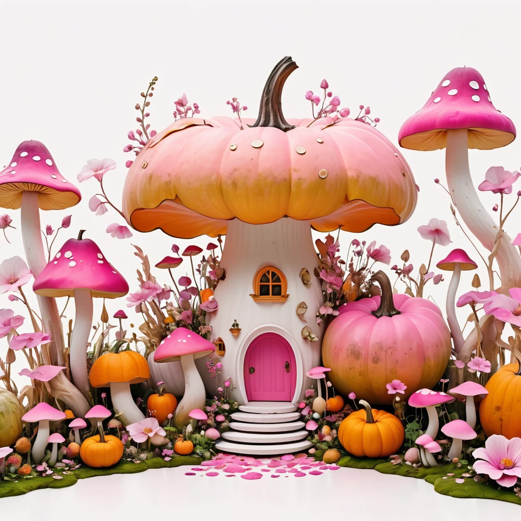 Minimalist architectural composition made from apple and pumpkin skins, Decorated with flowers and mushrooms，Pink buds， Creating a surreal and dreamlike paradise, 4K, 8K, best quality, masterpiece, Reality, Extremely detailed, Pink soft colors, White background