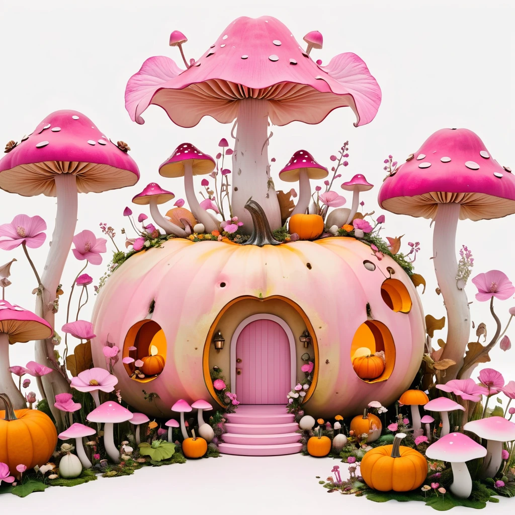 Minimalist architectural composition made from apple and pumpkin skins, Decorated with flowers and mushrooms，Pink buds， Creating a surreal and dreamlike paradise, 4K, 8K, best quality, masterpiece, Reality, Extremely detailed, Pink soft colors, White background