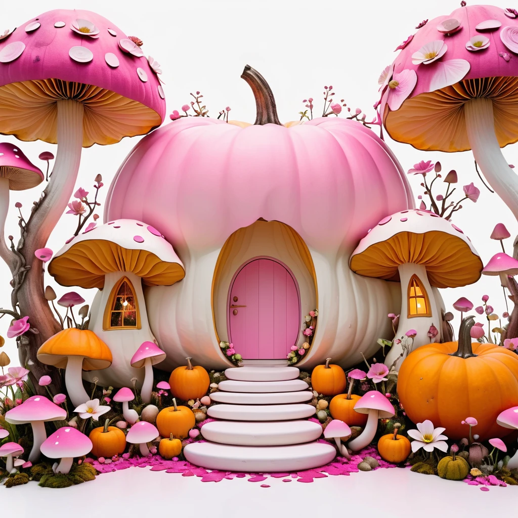 Minimalist architectural composition made from apple and pumpkin skins, Decorated with flowers and mushrooms，Pink buds， Creating a surreal and dreamlike paradise, 4K, 8K, best quality, masterpiece, Reality, Extremely detailed, Pink soft colors, White background