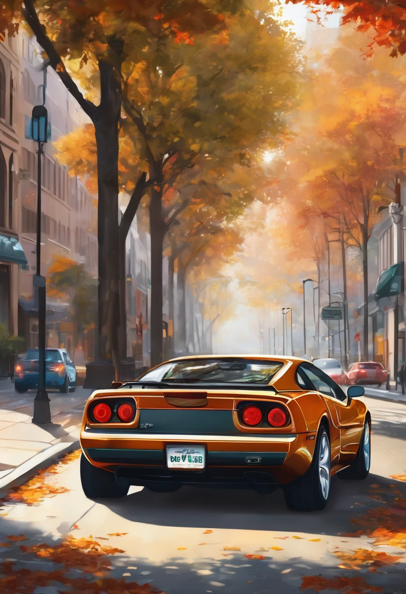 Create a detailed and realistic illustration of a high-performance sports car parked on a city street. The car should have a sleek, glossy finish and reflect the bright, warm sunlight. The background includes city buildings and trees, bathed in sunlight, with a mix of green foliage and autumn leaves. Include realistic details like traffic lights, street signs, and a slight blur of fallen leaves in the foreground to add depth and a seasonal feel. The license plate should humorously read "Need for Sped" to add a playful touch.