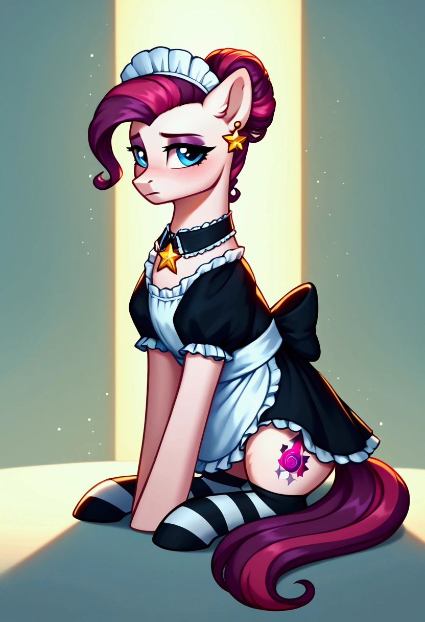 score_9,score_8_up,score_7_up,score_6_up, ((my little pony)), radiant lighting, vibrant colors, whimsical atmosphere, 8K, high resolution, highly detailed, masterpiece, (shy look), ((pony body)), white body, blue eyes, (maid costume), striped stockings, star pendant, earrings, eyeshadow, (hair is rich magenta-colored), ((sitting pose))
