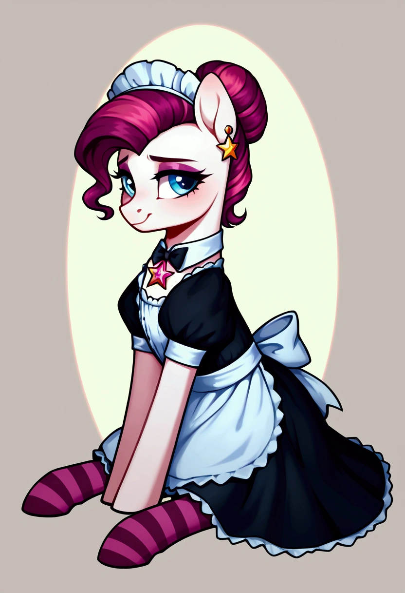 score_9,score_8_up,score_7_up,score_6_up, ((my little pony)), radiant lighting, vibrant colors, whimsical atmosphere, 8K, high resolution, highly detailed, masterpiece, (shy look), ((pony body)), white body, blue eyes, (maid costume), striped stockings, star pendant, earrings, eyeshadow, (hair is rich magenta-colored), ((sitting pose))