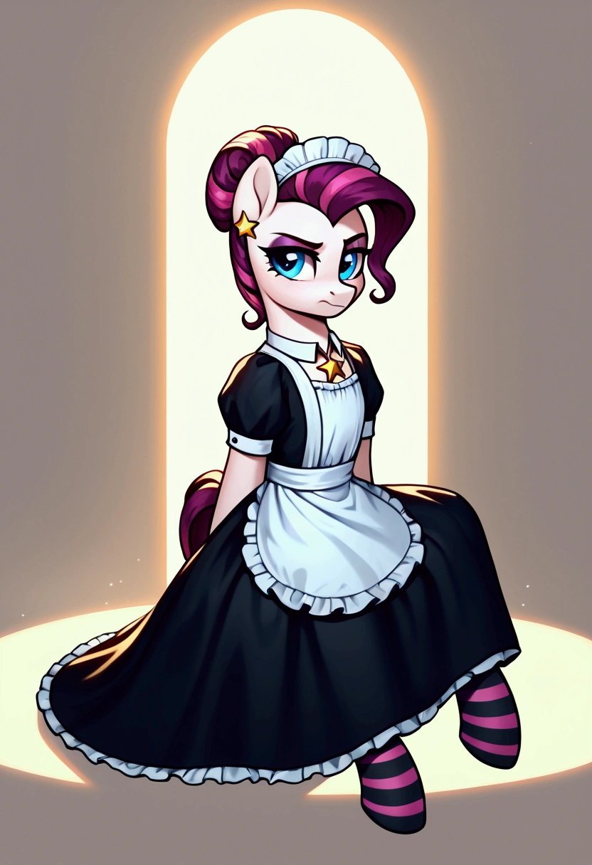 score_9,score_8_up,score_7_up,score_6_up, ((my little pony)), radiant lighting, vibrant colors, whimsical atmosphere, 8K, high resolution, highly detailed, masterpiece, (shy look), ((pony body)), white body, blue eyes, (maid costume), striped stockings, star pendant, earrings, eyeshadow, (hair is rich magenta-colored), ((sitting pose))
