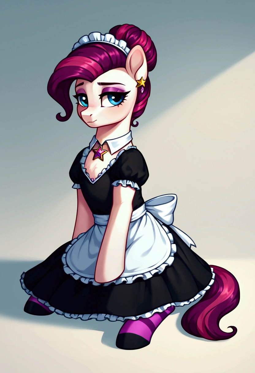 score_9,score_8_up,score_7_up,score_6_up, ((my little pony)), radiant lighting, vibrant colors, whimsical atmosphere, 8K, high resolution, highly detailed, masterpiece, (shy look), ((pony body)), white body, blue eyes, (maid costume), striped stockings, star pendant, earrings, eyeshadow, (hair is rich magenta-colored), ((sitting pose))