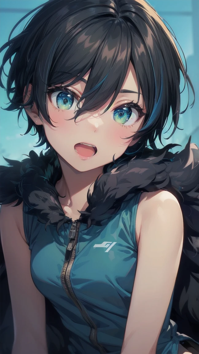 Close-up of a cartoon girl with blue hair and a yellow shirt, 2D Animation, 2D Animation style, 2D Art, 2D Art, 2D from Gorillaz, 2D from Gorillaz, 2D Gorillaz, Screaming Cerket, 2D Sprites, Jinx Face, short hair, Small breasts, hot pants, ((Black Hair, Bright blue fur inside:1.4))