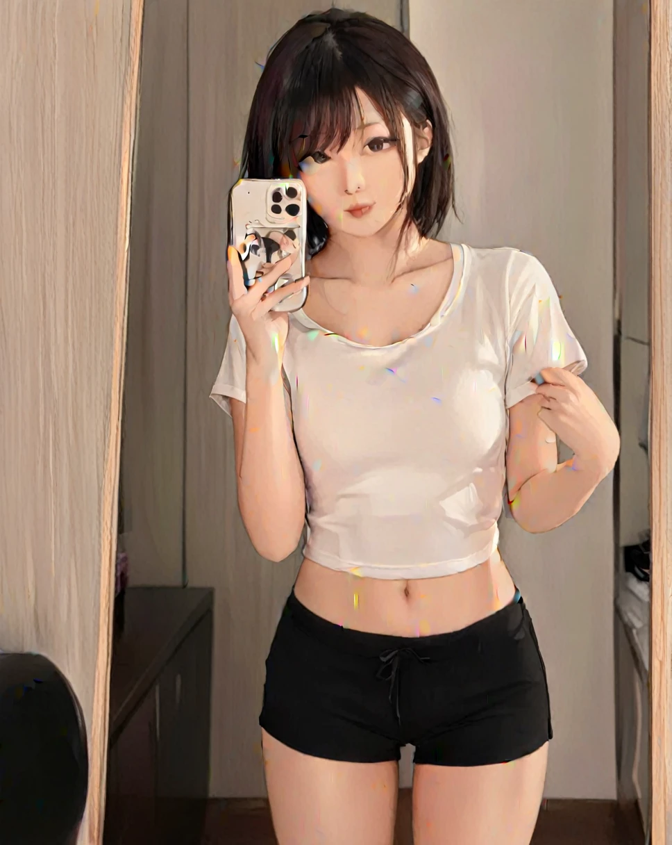 selfie photo mobile phone mirror selfie，inside，in the room，beautiful beautiful asian woman，standing:1.2，realistic white skin color，152cm，42kg, 70D cupz Medium length hair is loose and loose around the shoulders.，Wearing a white low-cut short-sleeved top that fits tightly to the body.，black shorts:1.2，