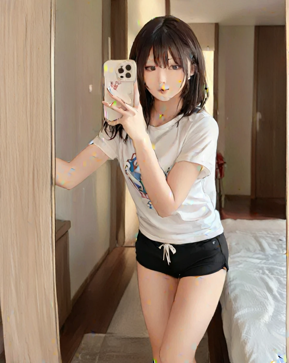 selfie photo mobile phone mirror selfie，inside，in the room，beautiful beautiful asian woman，standing:1.2，realistic white skin color，152cm，42kg, 70D cupz Medium length hair is loose and loose around the shoulders.，Wearing a white low-cut short-sleeved top that fits tightly to the body.，black shorts:1.2，