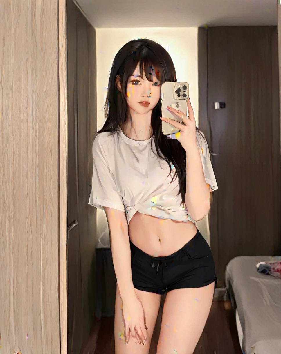 selfie photo mobile phone mirror selfie，inside，in the room，beautiful beautiful asian woman，standing:1.2，realistic white skin color，152cm，42kg, 70D cupz Medium length hair is loose and loose around the shoulders.，Wearing a white low-cut short-sleeved top that fits tightly to the body.，black shorts:1.2，