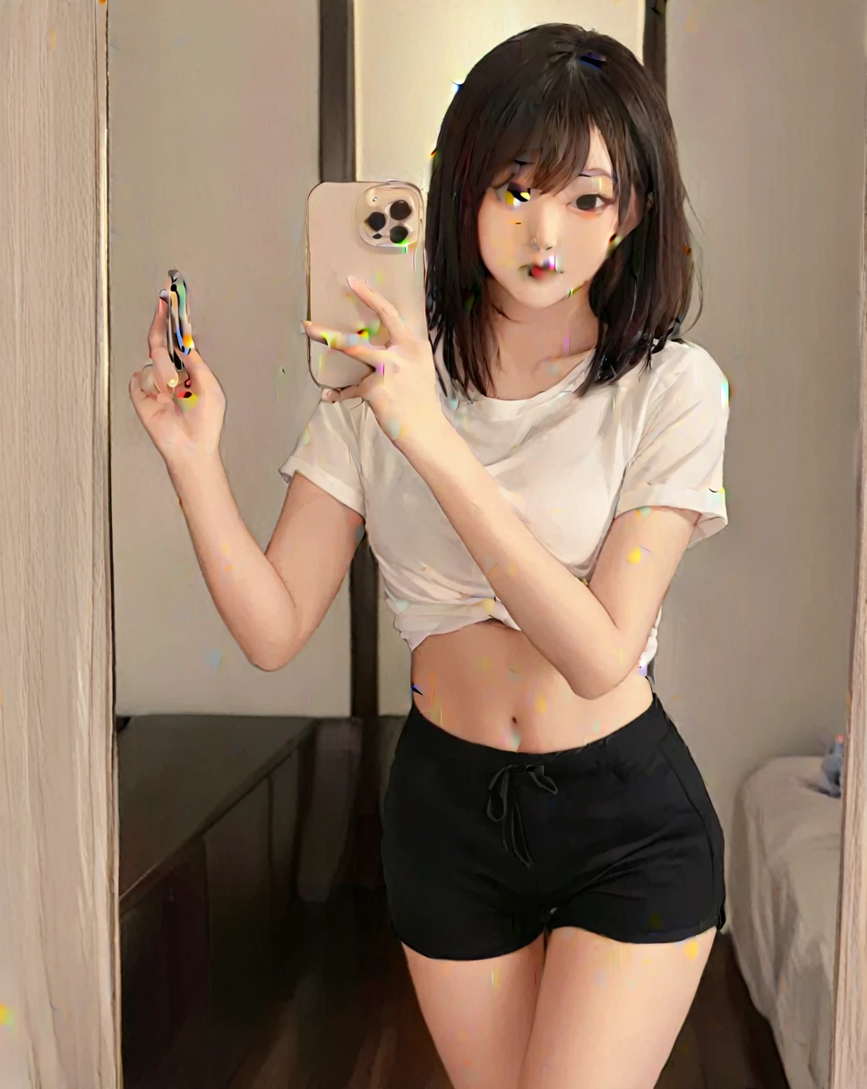 selfie photo mobile phone mirror selfie，inside，in the room，beautiful beautiful asian woman，standing:1.2，realistic white skin color，152cm，42kg, 70D cupz Medium length hair is loose and loose around the shoulders.，Wearing a white low-cut short-sleeved top that fits tightly to the body.，black shorts:1.2，