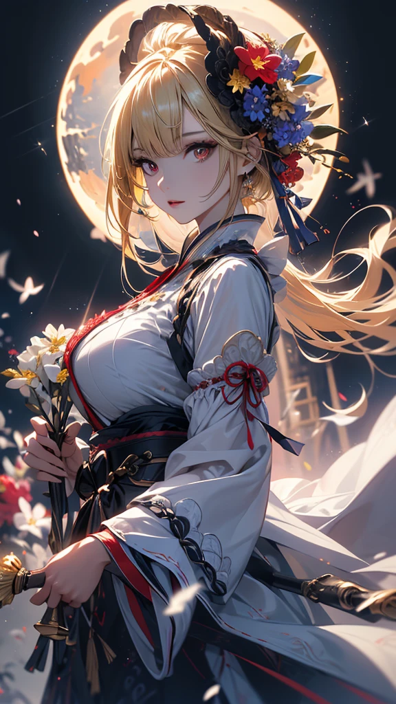 masterpiece, high quality, 4K, Beautiful design, silhouette,blonde, 非常に詳細な夜のStarry Sky,Flower Field, wonderful, Finer details, Very knowledgeable woman, Highly detailed solo, 1 female,Red eyes,Big Breasts,White ta Fashion,fan,Night view,Starry Sky,full moon,