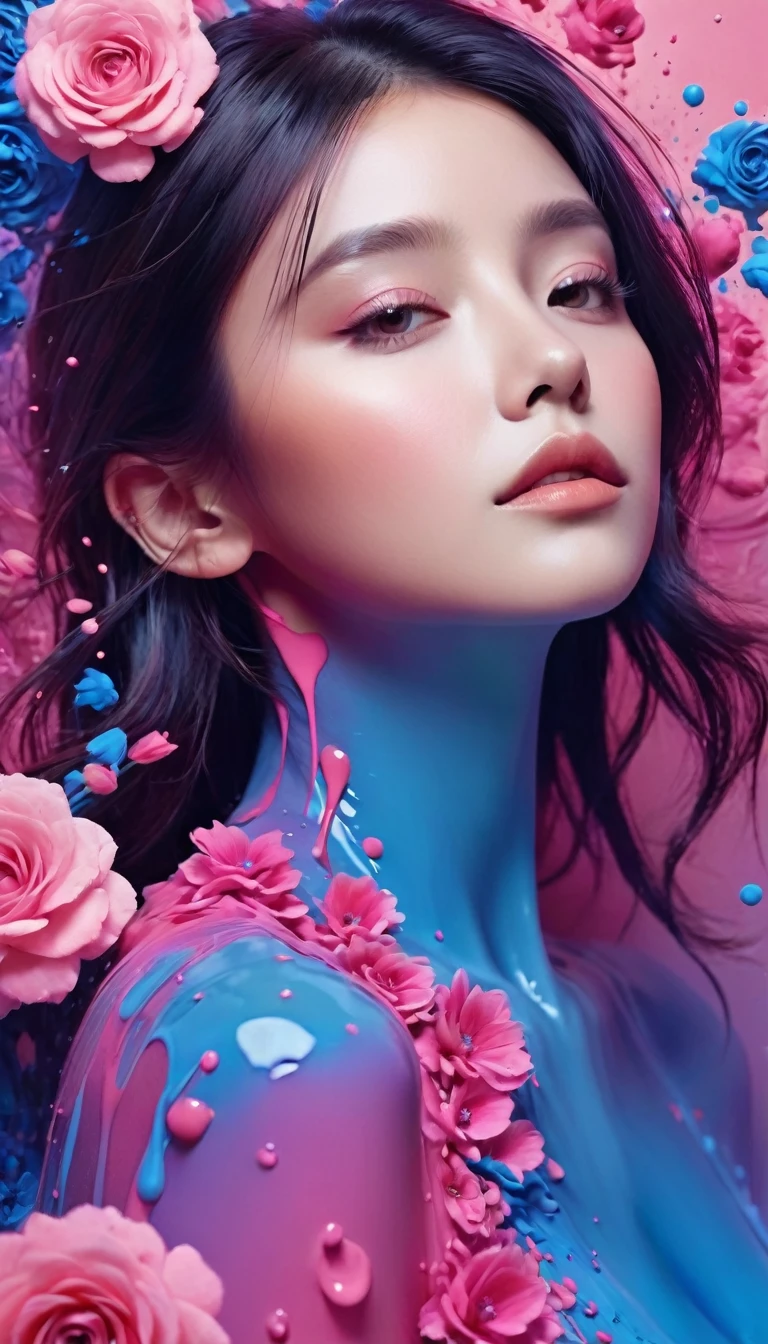 Photorealistic image of a woman, abstract background, blue and pink gradient,  made of flowers, paint spilling , ultra clear