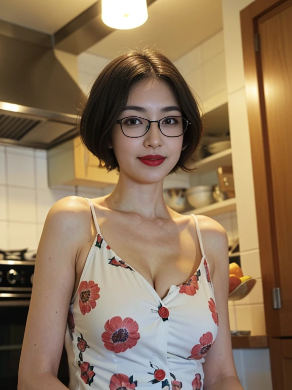 137 (a 20 yo woman, Bread), (A hyper-realistic), (high-level image quality), ((beautiful hairstyle 46)), ((short-hair:1.46)), (Gentle smile), (breasted:1.46), (lipsticks), (wears glasses,wide,kitchin), (florals), (there is an oven)、On the grass、Cloud、Looking from below、