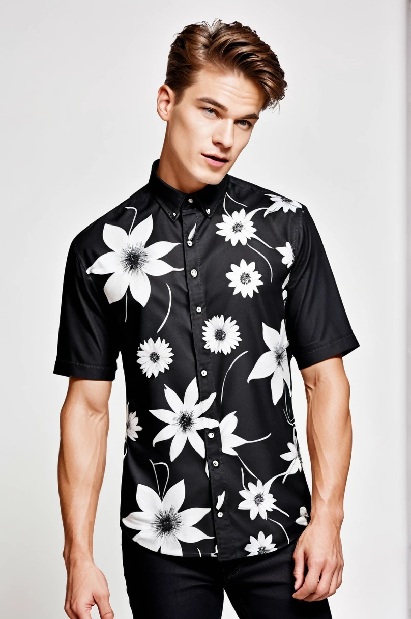 Photo Print Color: Black Stylish floral patternTshirt The floral pattern is detailed Petals flying off There are also men'sTshirtをきている