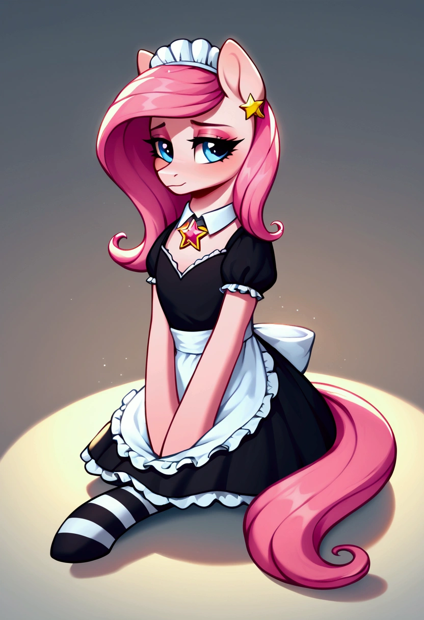score_9,score_8_up,score_7_up,score_6_up, ((my little pony)), radiant lighting, vibrant colors, whimsical atmosphere, 8K, high resolution, highly detailed, masterpiece, (shy look), ((pony body)), white body, blue eyes, (maid costume), striped stockings, star pendant, earrings, eyeshadow, (very long pink hair:1.3), ((sitting pose)), (((rich pony)))