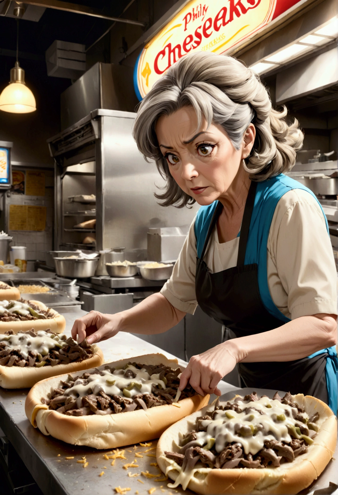 score 9, source anime, from side, wide shot, Middle-aged woman making Philly cheesesteaks, hyper detailed, cinematic lighting, 8k, highly detailed face and eyes, masterpiece, 