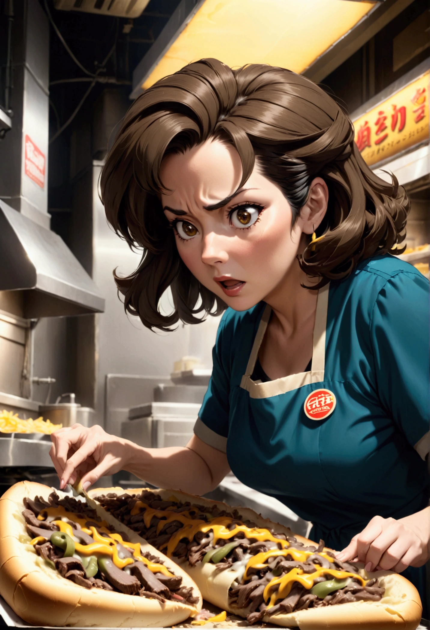 score 9, source anime, from side, wide shot, Middle-aged woman making Philly cheesesteaks, hyper detailed, cinematic lighting, 8k, highly detailed face and eyes, masterpiece, 