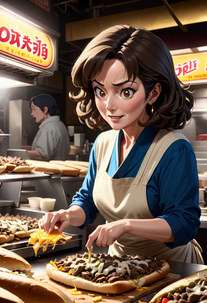 score 9, source anime, from side, wide shot, Middle-aged woman making Philly cheesesteaks, hyper detailed, cinematic lighting, 8k, highly detailed face and eyes, masterpiece, 