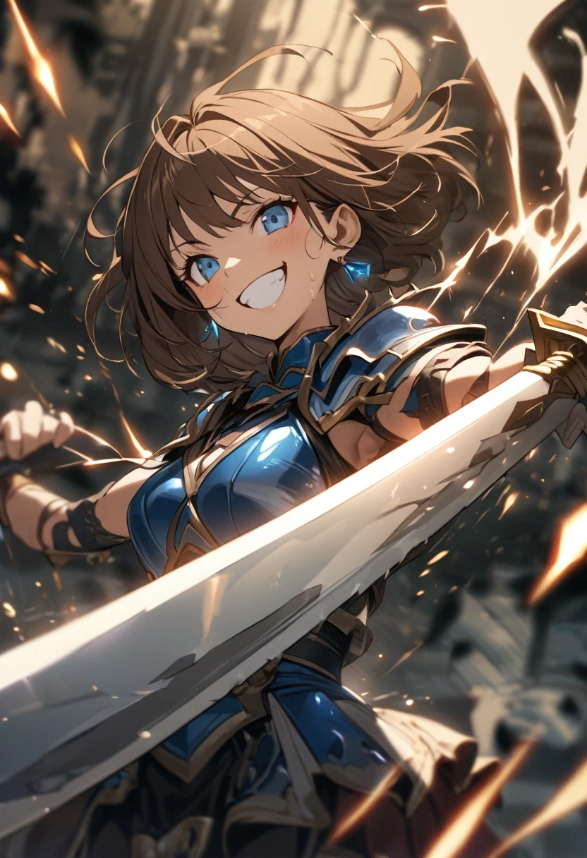 Brat, ((masterpiece)), High resolution, 10 years old、girl、 Brown Hair、Short Bob、((smile、Grin))、Excited、Sweating all over the body、Bright Blue Eyes、smile、((Grin))、Earrings、(((Hold the long sword with both hands、Cut in half)))、((Deathblow、mystery))、Sparks fly、Disturbed、Light、Strong winds、highlight、Motion Blur、Tattered Armor(mini skirt、wind lift:0.2)、Shallow depth of field、final battle、Fantastic、Impressive