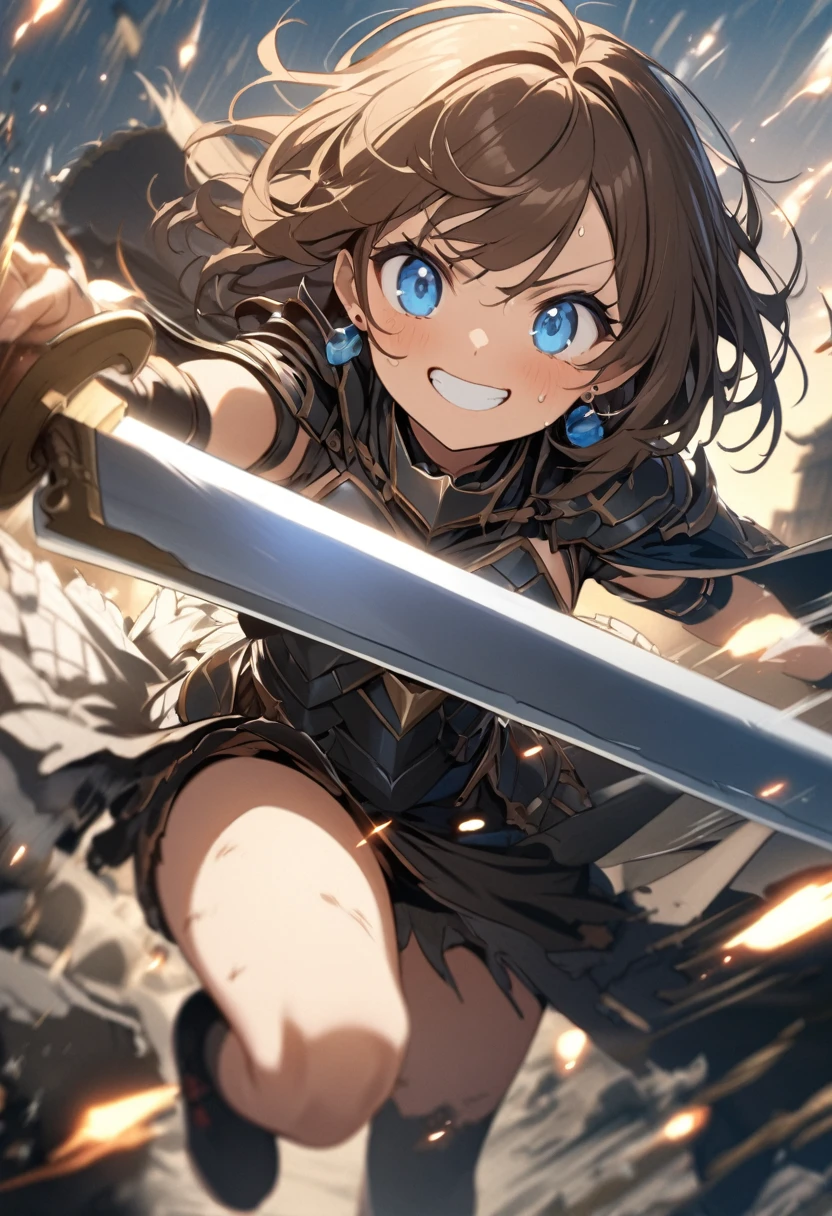 Brat, ((masterpiece)), High resolution, 10 years old、girl、 Brown Hair、Short Bob、((smile、Grin))、Excited、Sweating all over the body、Bright Blue Eyes、smile、((Grin))、Earrings、(((Holding a long sword、Cut in half)))、(((Shine)))、((Deathblow、mystery))、Sparks fly、Disturbed、Light、Strong winds、highlight、Motion Blur、Simple armor(mini skirt、wind lift:1.0)、Shallow depth of field、((Shine星空、dusk))、final battle、tense、Fantastic、Powerful combat、Fight like a dance