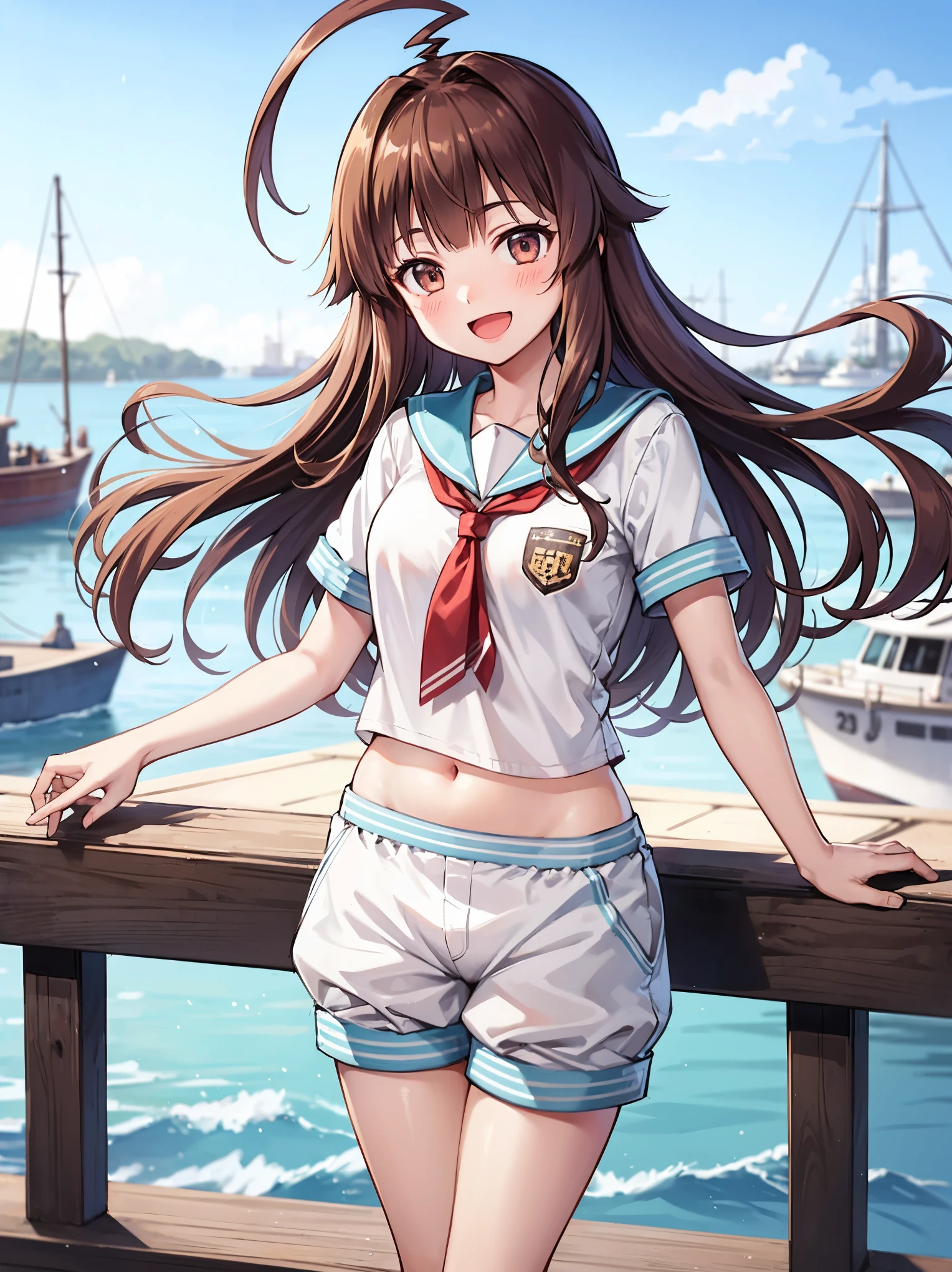 1young_teen_ girl, brown_hair, long_hair, sailor_uniform,white_ baggy_shorts, short_sleeve, thighs, small_breasts, big_smile, open_mouth, standing, harbor_background, slightly_spread_legs, happiness, covered_crotch,ahoge,XD,exciting,