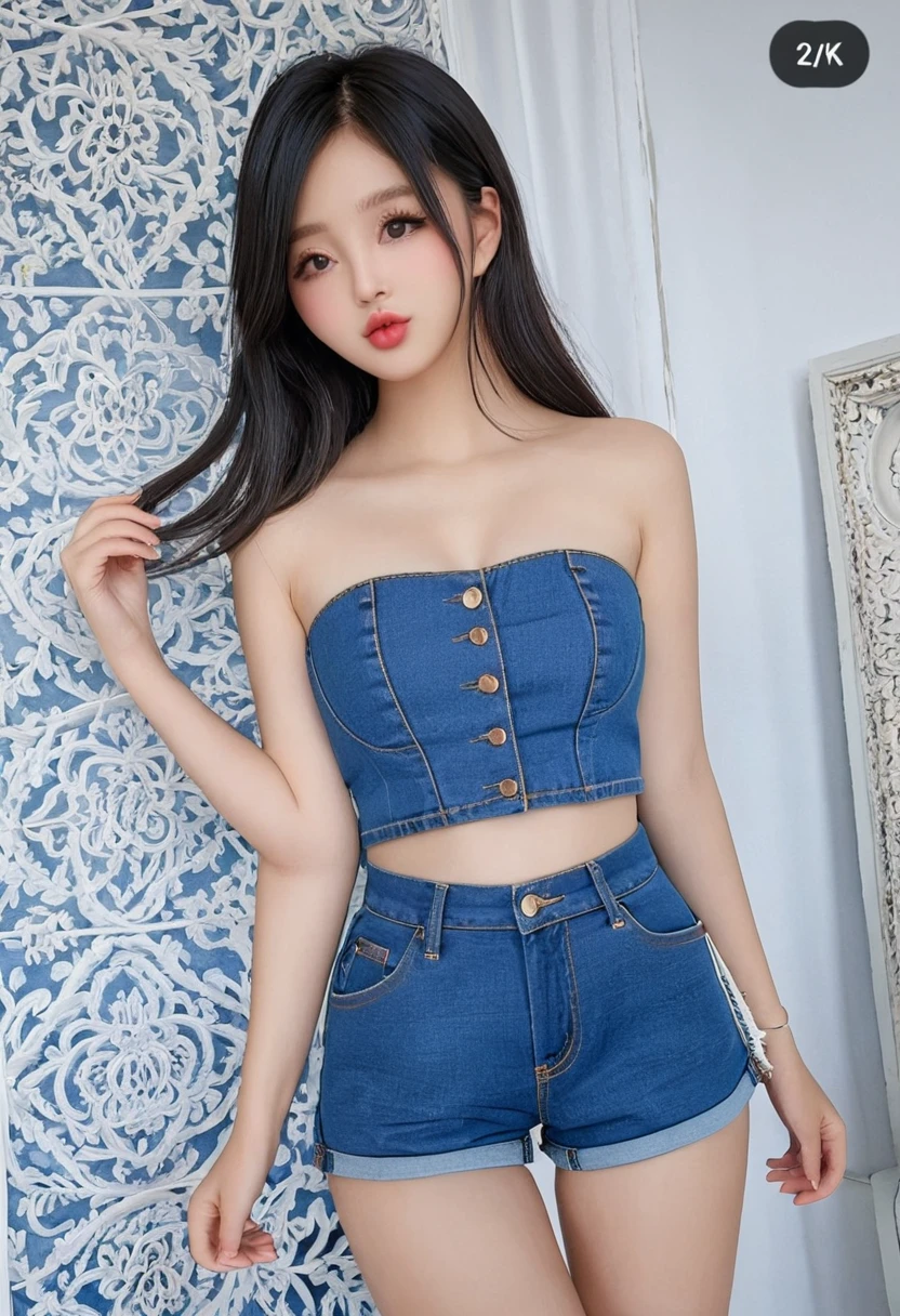 ((high quality:1.2)), work of art, (8k), extremely detailed, ((High detail:1.2)), ((best resolution:1.4)), Solo, 1girl, 24 years old Korean Ulzzang female, ((cropped strapless, mini-shorts denim)), 