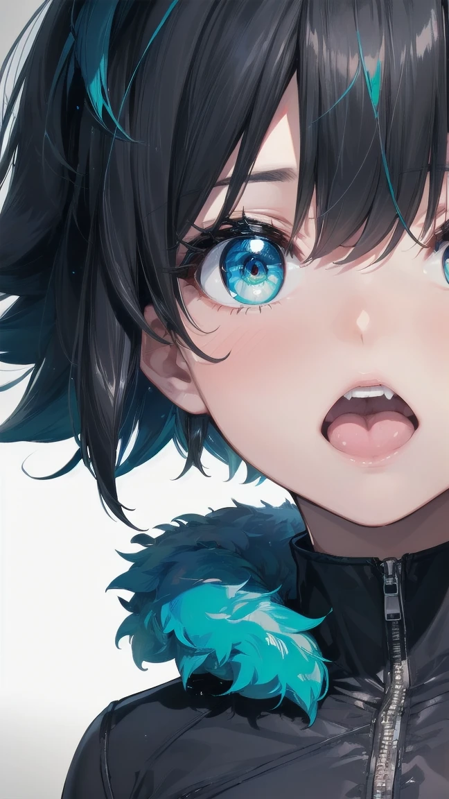 Close-up of a cartoon girl with blue hair and a yellow shirt, 2D Animation, 2D Animation style, 2D Art, 2D Art, 2D from Gorillaz, 2D from Gorillaz, 2D Gorillaz, Screaming Cerket, 2D Sprites, Jinx Face, short hair, Small breasts, hot pants, ((Black Hair, Bright blue fur inside:1.4))