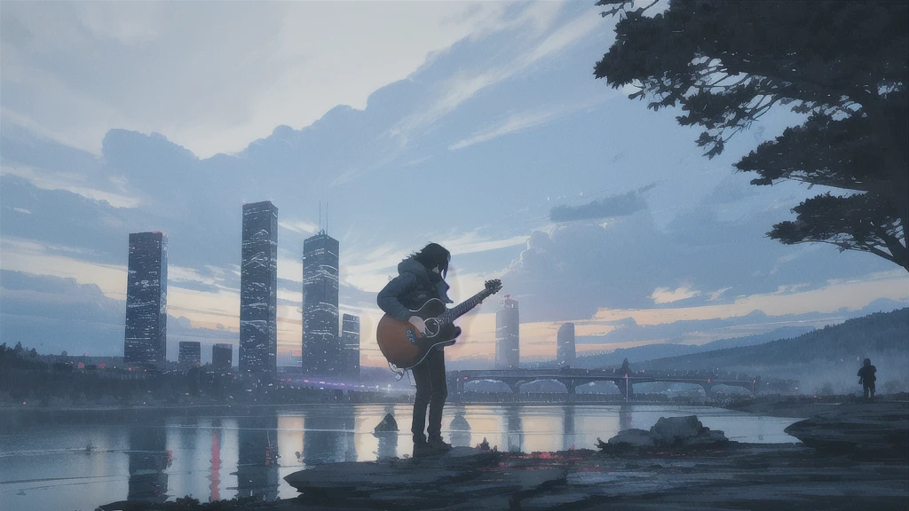 Acoustic guitar,Pitch black night sky,Octane, Star (zero), scenery, Blue parakeet,The acoustic guitar is placed in front of the body.,Star, night, Back view, Outdoor, city,river,Blue parakeet,building, cloud, Heavenly River,silhouette