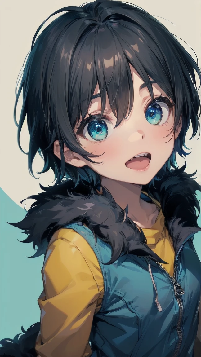 Close-up of a cartoon girl with blue hair and a yellow shirt, 2D Animation, 2D Animation style, 2D Art, 2D Art, 2D from Gorillaz, 2D from Gorillaz, 2D Gorillaz, Screaming Cerket, 2D Sprites, Jinx Face, short hair, Small breasts, hot pants, ((Black Hair, Bright blue fur inside:1.4))