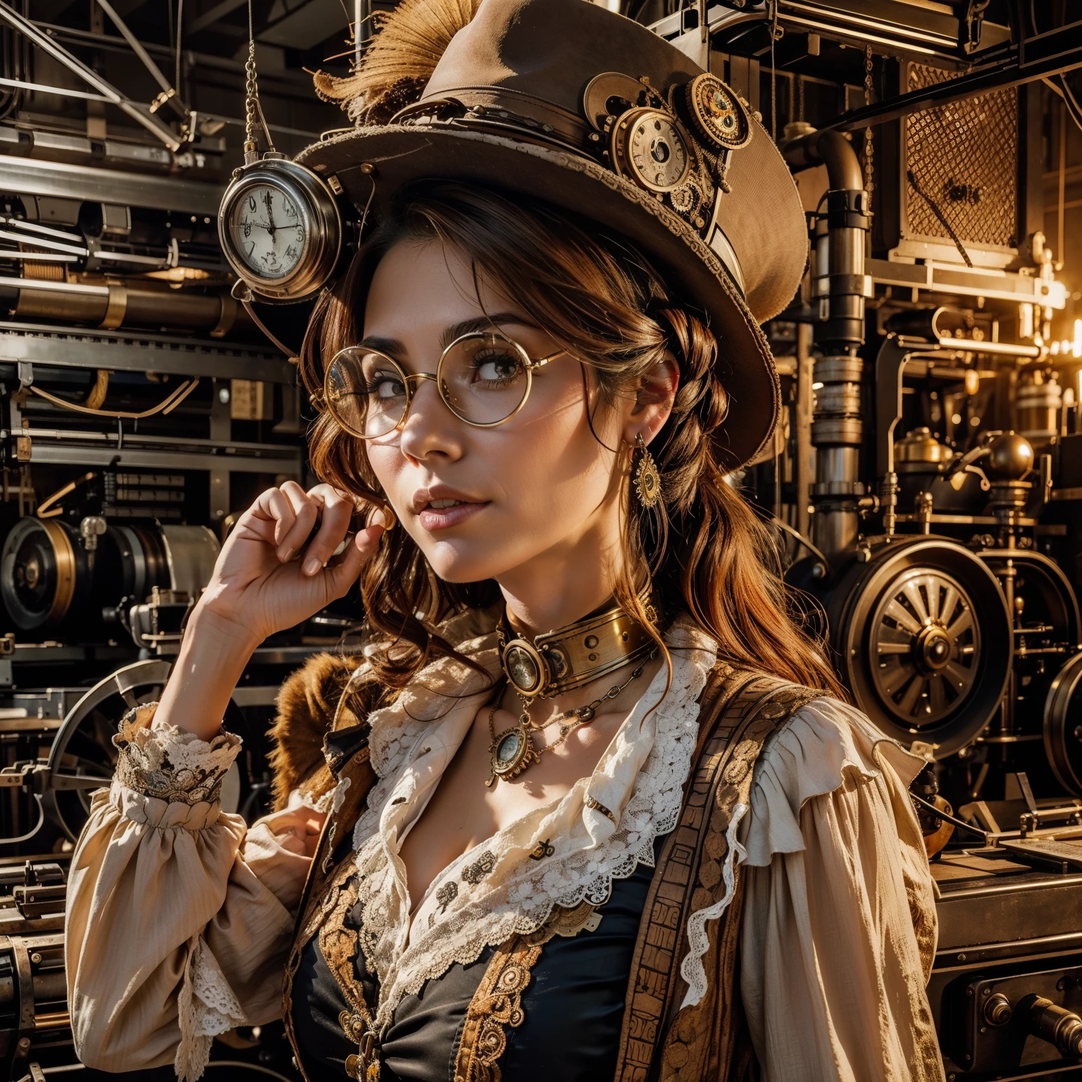 A beautiful steampunk woman with steampunk clothes in the foreground and a huge steampunk machinery mechanical in the background
