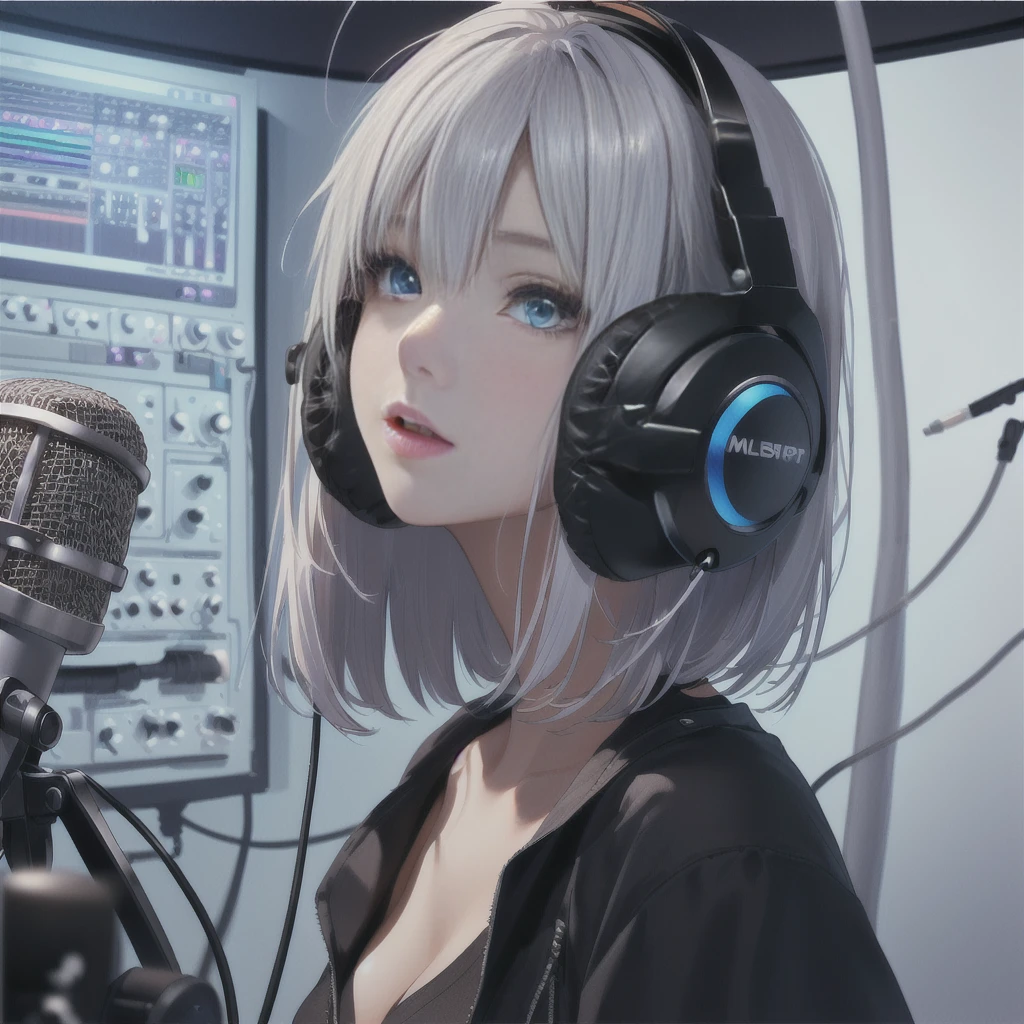 (((perfect quality, perfect anatomy, perfect body, beautiful, masterpiece))), (closeup-face:1.2)(shiny silver hair, bob cut, bang between eyes, beautiful hair, beautiful silver eyes, glossy eyes, twinkle eyes, large breast), 1 beautiful girl, cute face, beautiful face, pretty face, beautiful, best quality, good anatomy, BREAK girl sings to microphone while listening to the sound with headphones attached to one ear in a recording studio booth, recording microphone setting before girl,