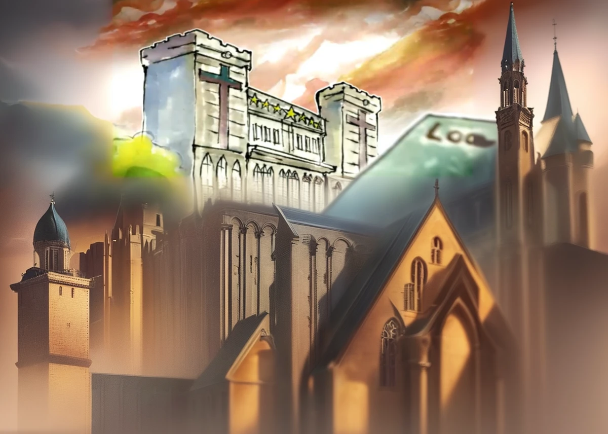 painting of a building with a clock tower and a sign, castle scene manga, palace background, castle background, kremlin towers are destroyed, church background!, highschool background, church background, cathedral background, animation film still, opening scene, style of madhouse studio anime, style of madhouse anime, screenshot from the anime film, rio de janeiro in an anime film, 7 cartoon men in suits walking