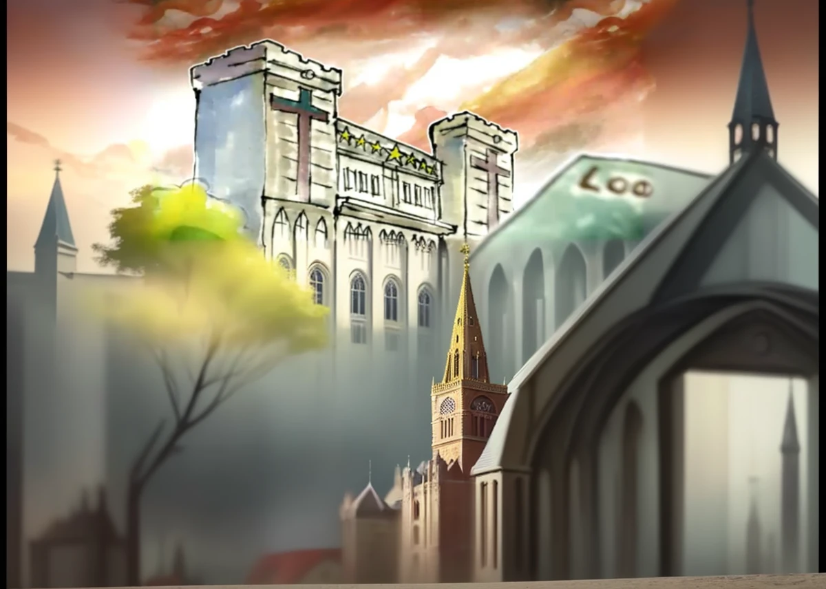 painting of a building with a clock tower and a sign, castle scene manga, palace background, castle background, kremlin towers are destroyed, church background!, highschool background, church background, cathedral background, animation film still, opening scene, style of madhouse studio anime, style of madhouse anime, screenshot from the anime film, rio de janeiro in an anime film, 7 cartoon men in suits walking