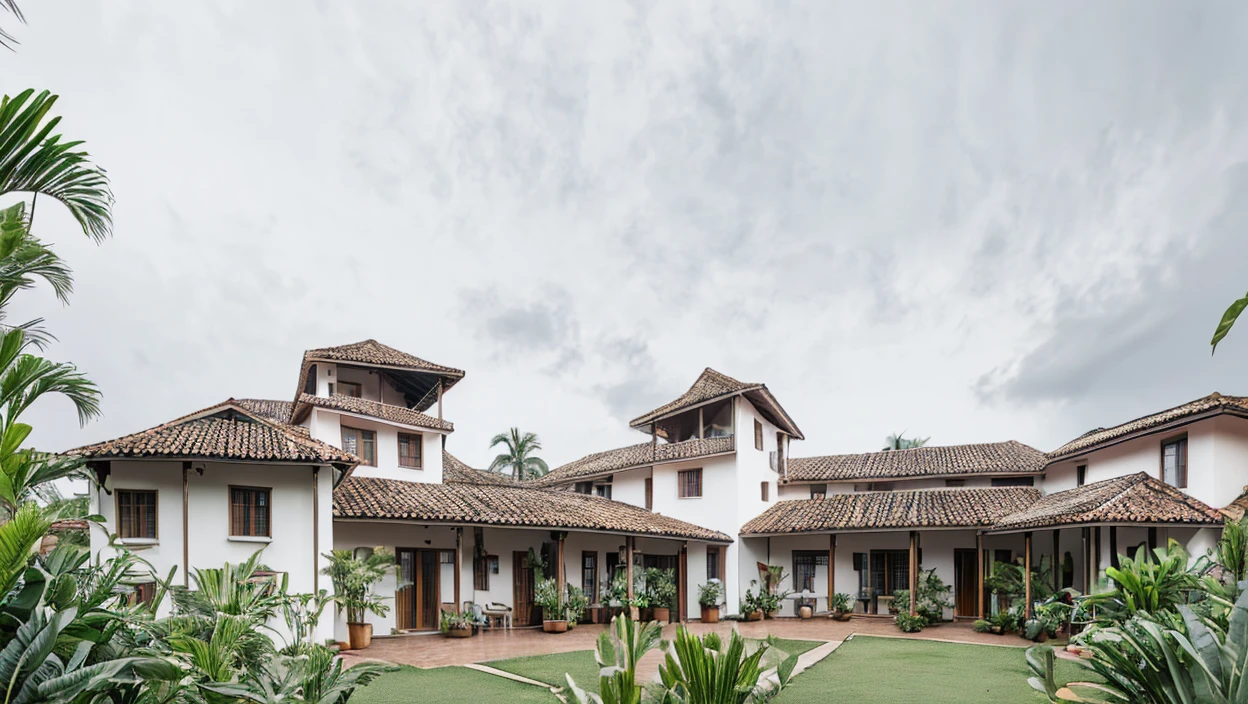 photography, tropical villa, white stucco walls, gable tiled roof, wood column supports, upper level balcony, lush greenery, potted plants, open veranda, overcast sky, wide shot, natural daylight