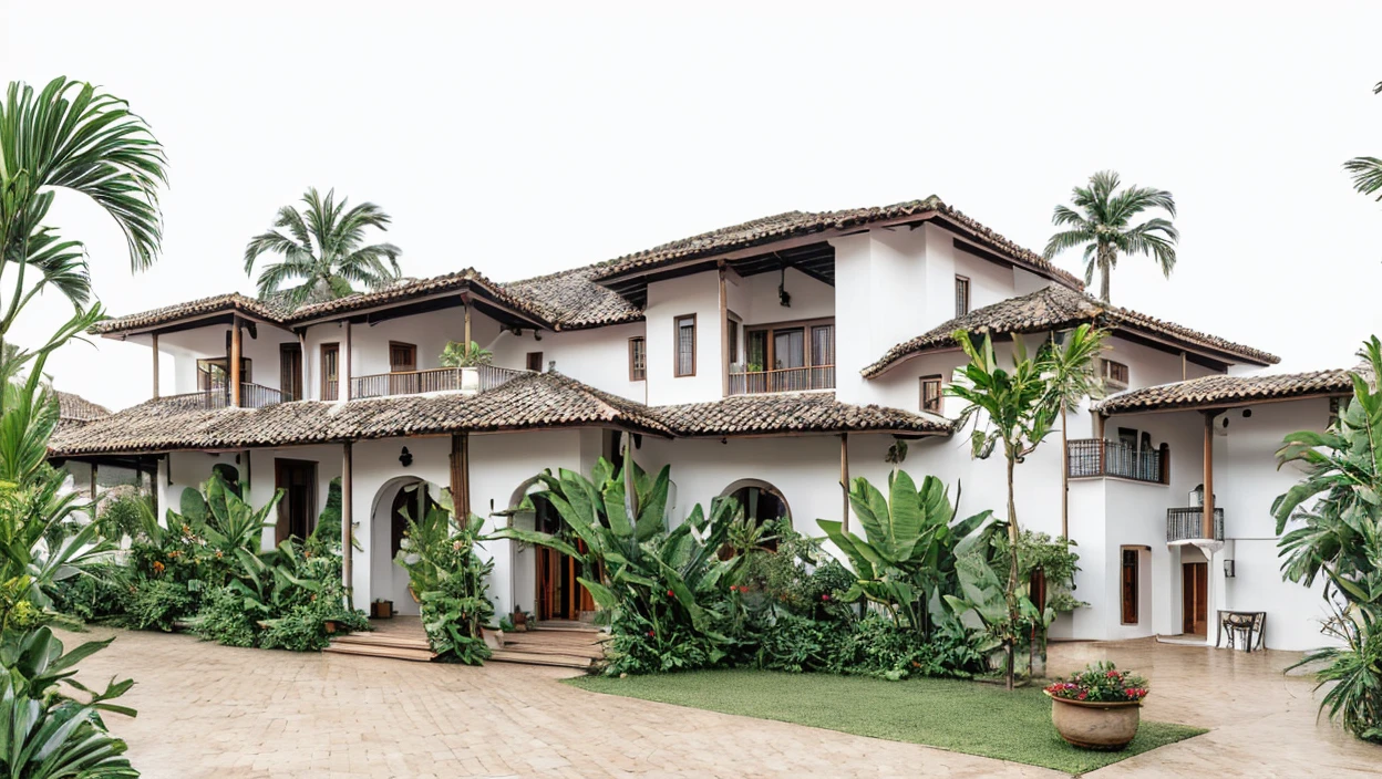 photography, tropical villa, white stucco walls, gable tiled roof, wood column supports, upper level balcony, lush greenery, potted plants, open veranda, overcast sky, wide shot, natural daylight