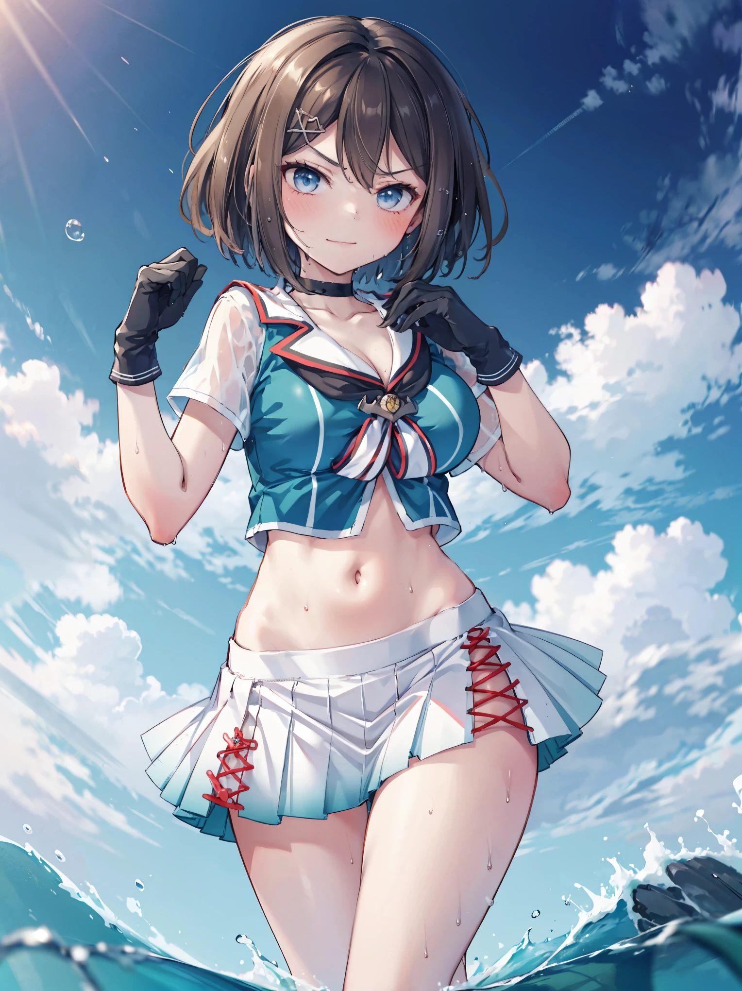 1ung_teirls、loli、bwn_hair、short_ponytail, long_bangs、blue_midriff_baring_sailor_uniform、mini_skirt、short_sleeve、thickthighs、big_tits, sleepy, Sorrisos、open_mouth、dynamic_pose, childlike_posing ,harbor,dock_background、spread_legs、happiness、NSFW、short_gloves, (wet:1.4),transparent,covered_nipples, covered_crotch, under_tits, sweat, bare_thighs, (groin:1.5),