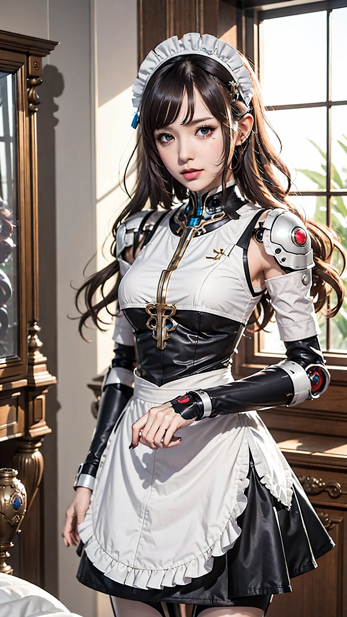 Very detailed, Advanced Details, high quality, 最high quality, High resolution, 1080P, HD, 4K,  beautiful,(Machine),beautiful cyborg mixed maid female, Mecha Cyborg Girl,Mecha Body Girl,She is wearing a futuristic mech, victorian maid dress, from the front, From the skirt up,A cute room for children, bed room, bed,
